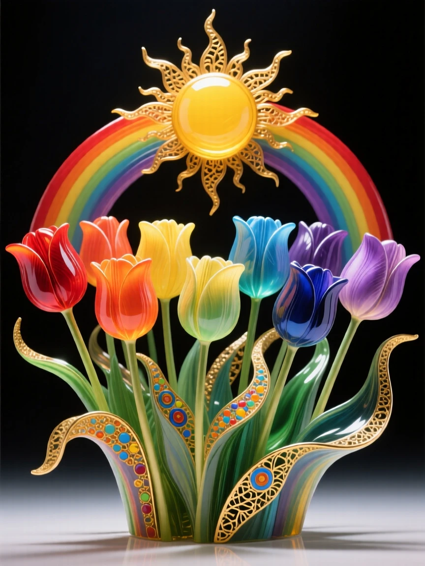 A field of blooming tulips arranged like a rainbow beneath a rising sun, cheerful and vivid.