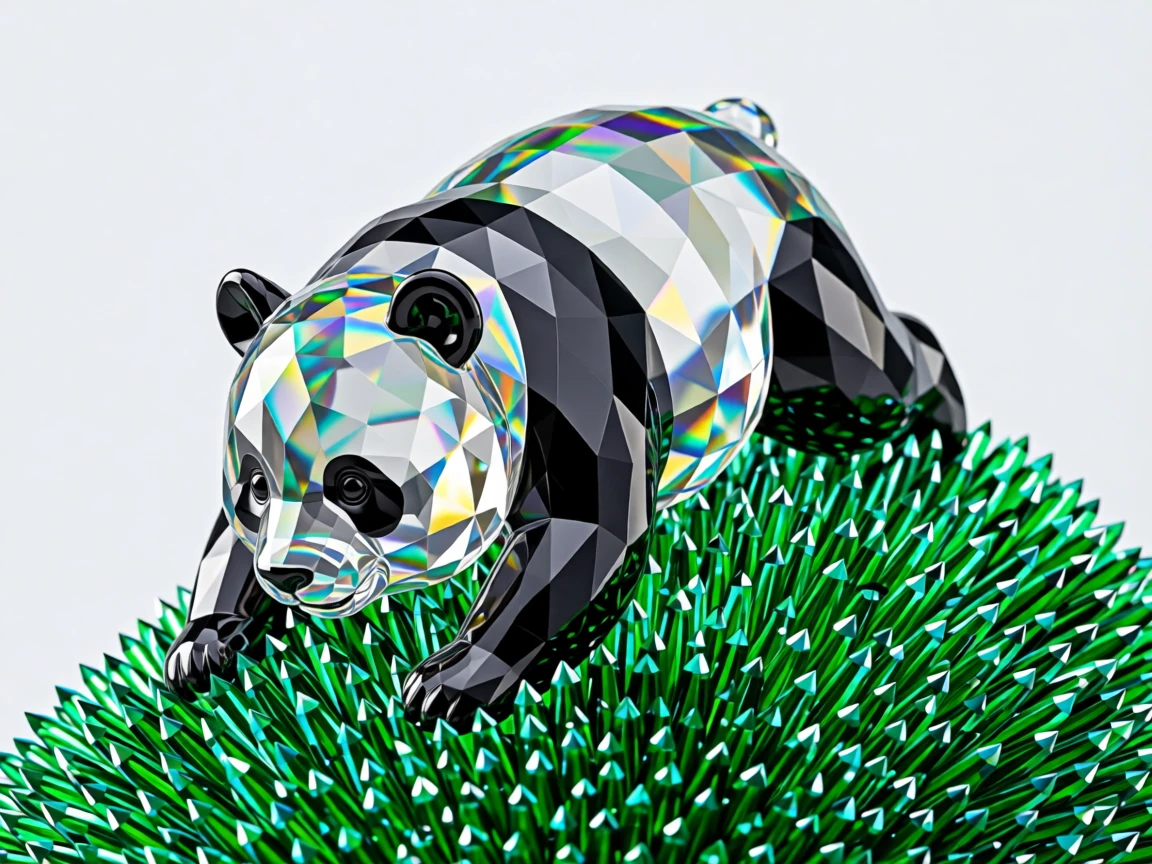 A chubby baby panda tumbling down a small grassy hill.