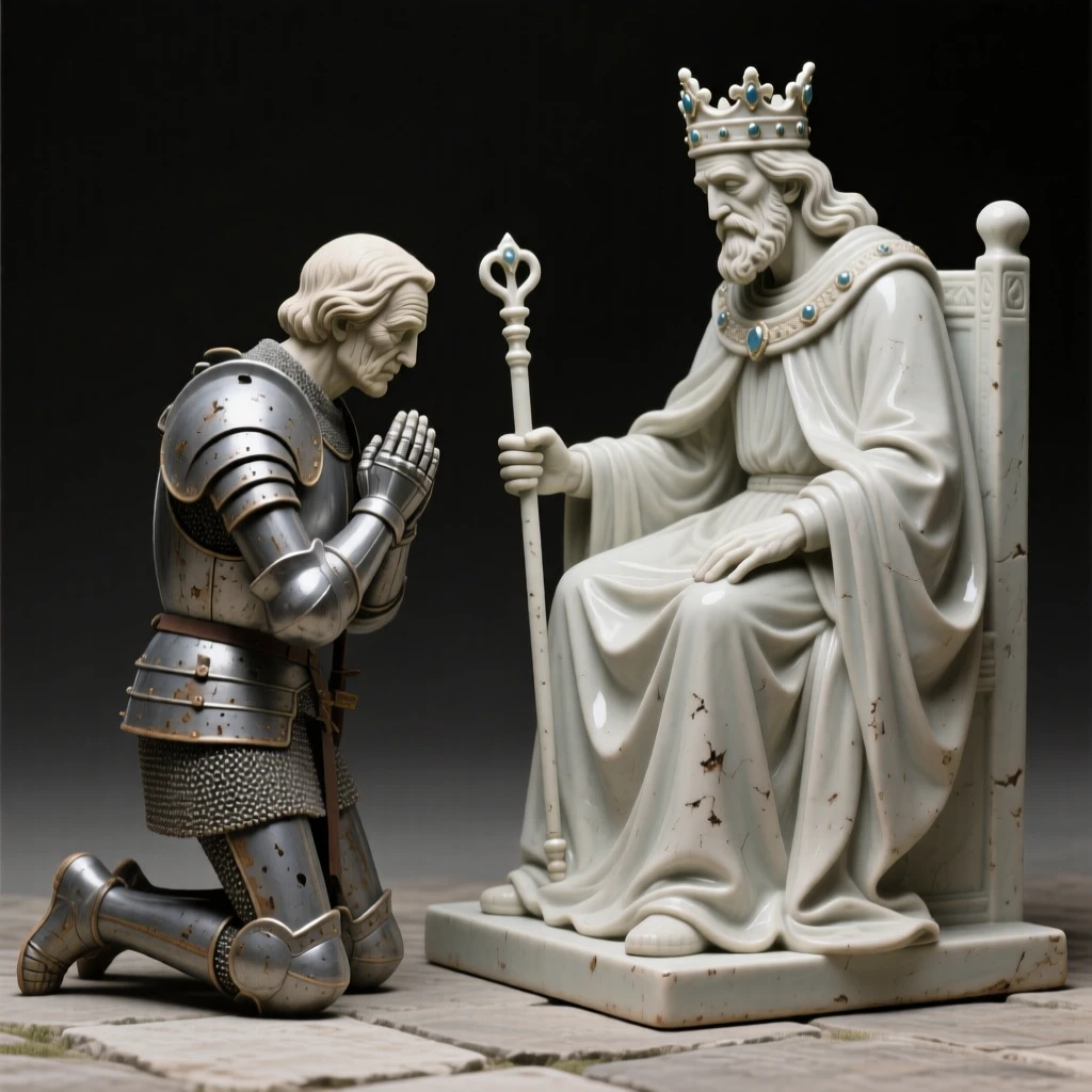 A medieval knight kneeling before his king seated in quiet, contemplative repose, with weathered features telling silent stories, capturing the weight of history in a single gaze.
