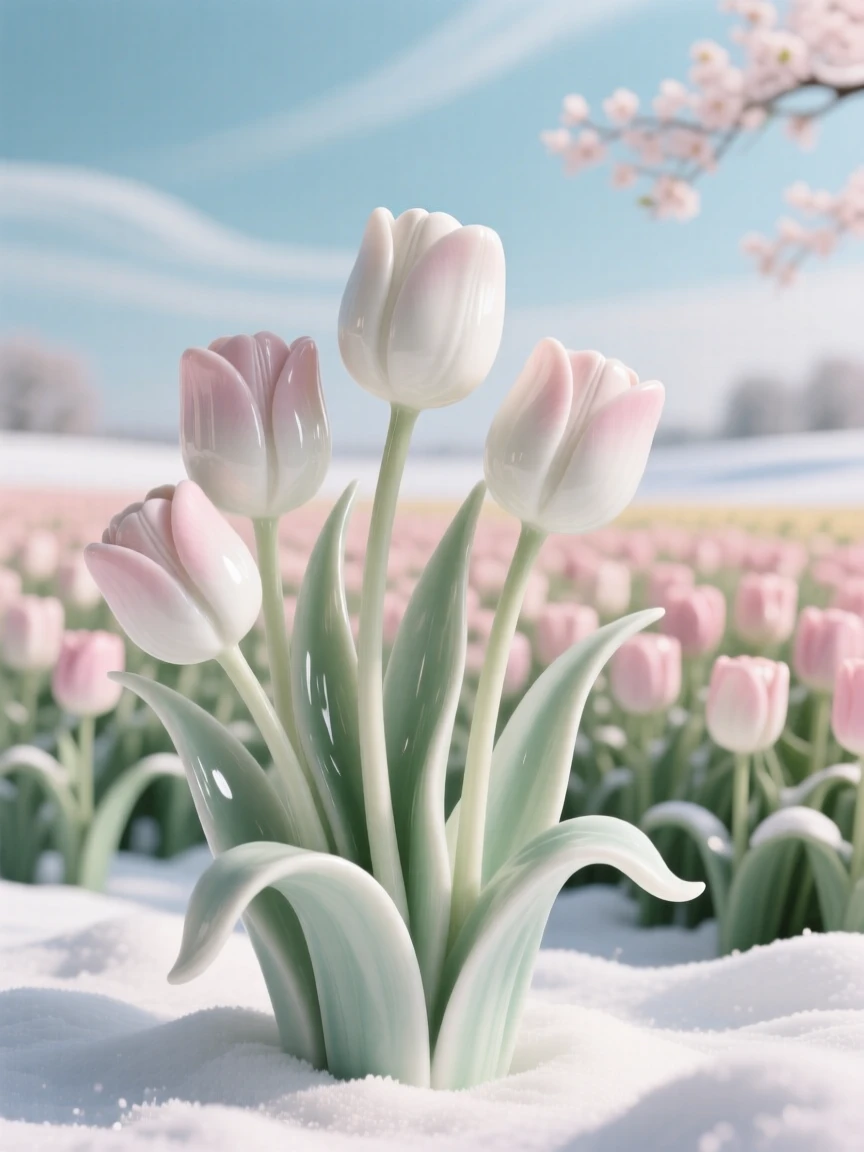 A cozy winter moment: tulip fields stretching under a soft spring sky, evoking warmth and nostalgic comfort.