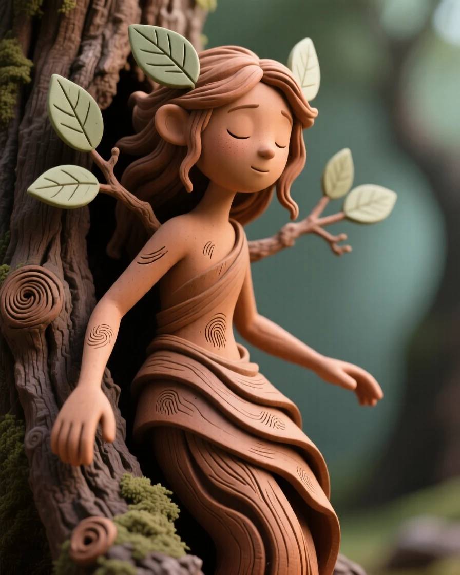 A dryad emerging gracefully from the bark of an ancient oak
