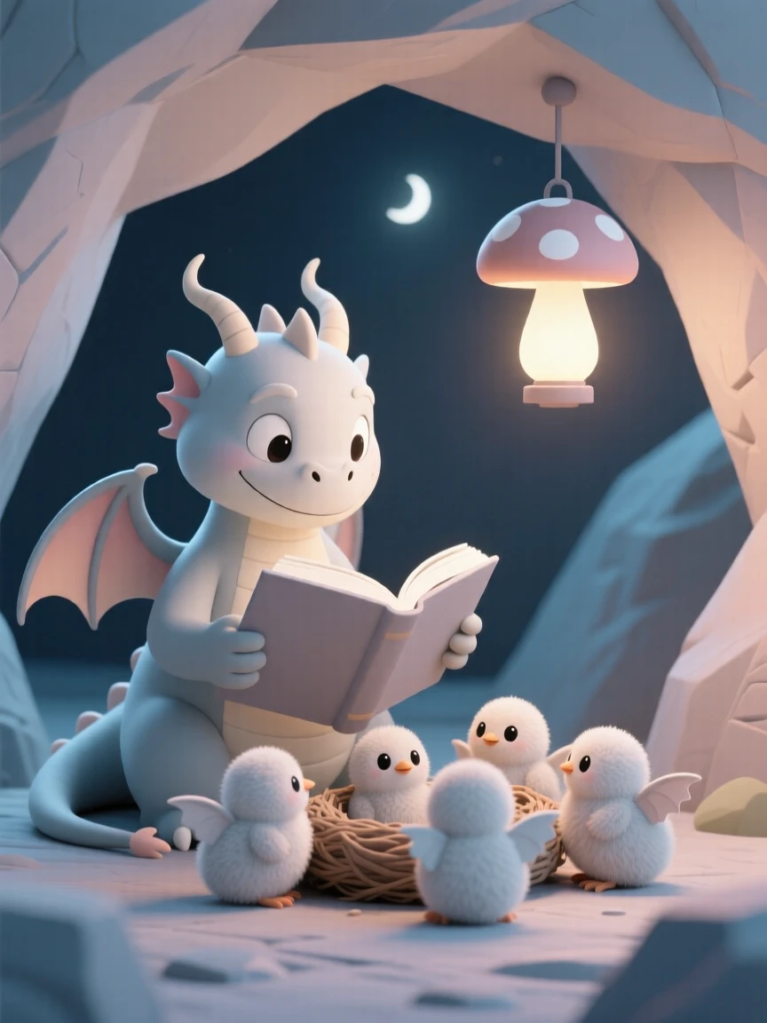 A wise old dragon reads a bedtime story to a nest of curious hatchlings inside a cozy mountain cave.
