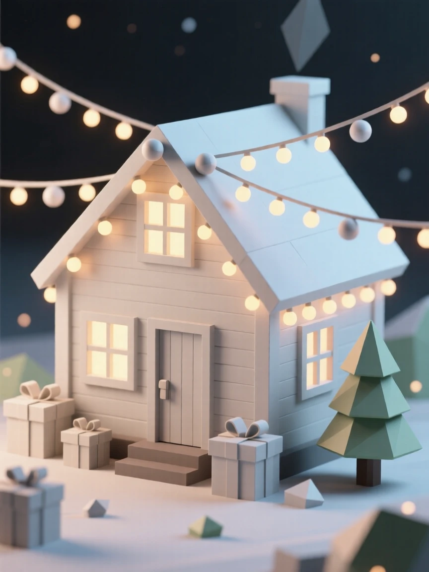 A cozy cabin glowing with warm holiday lights, under strings of warm twinkling lights. small charming details enrich the festive setting. There is a joyful, festive energy in the air.