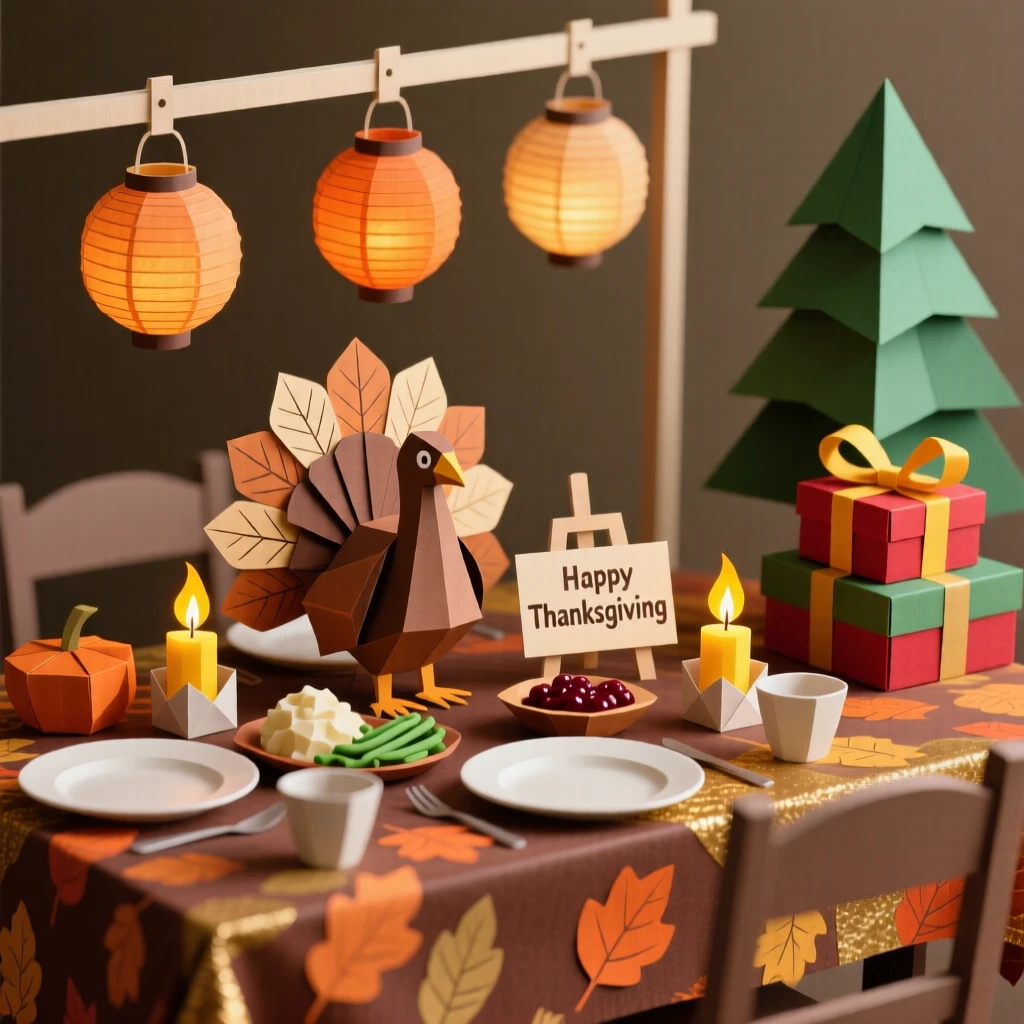 A festive Thanksgiving family table illuminated by lanterns and candlelight, with gifts wrapped neatly beneath a tree, capturing the spirit of gratitude and joy.