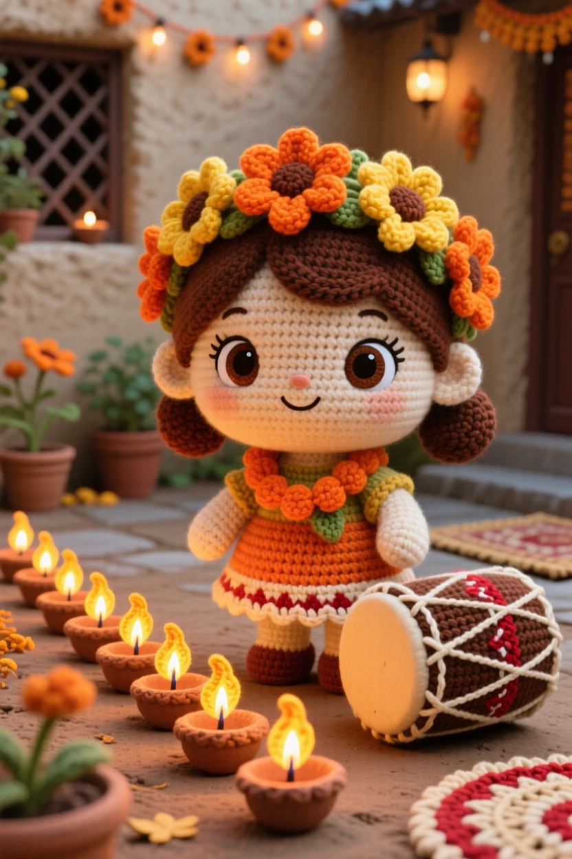 A festive cultural scene of a little girl wearing a garland of marigolds for a autumn festival of lights, arranging small clay lamps in a row within a cozy family courtyard set for a celebration; a small drum resting nearby nearby, full of heartfelt togetherness during a special gathering.