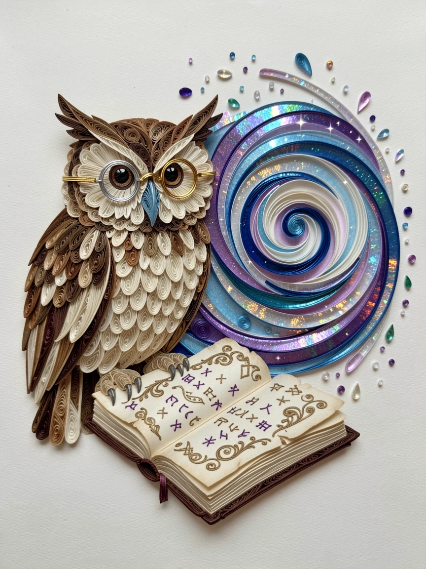 a wise old owl wearing tiny spectacles beside a spellbook, beside a shimmering portal of swirling light, composed with swirling magical particles filling the air, with shimmering starlight reflected on every surface.