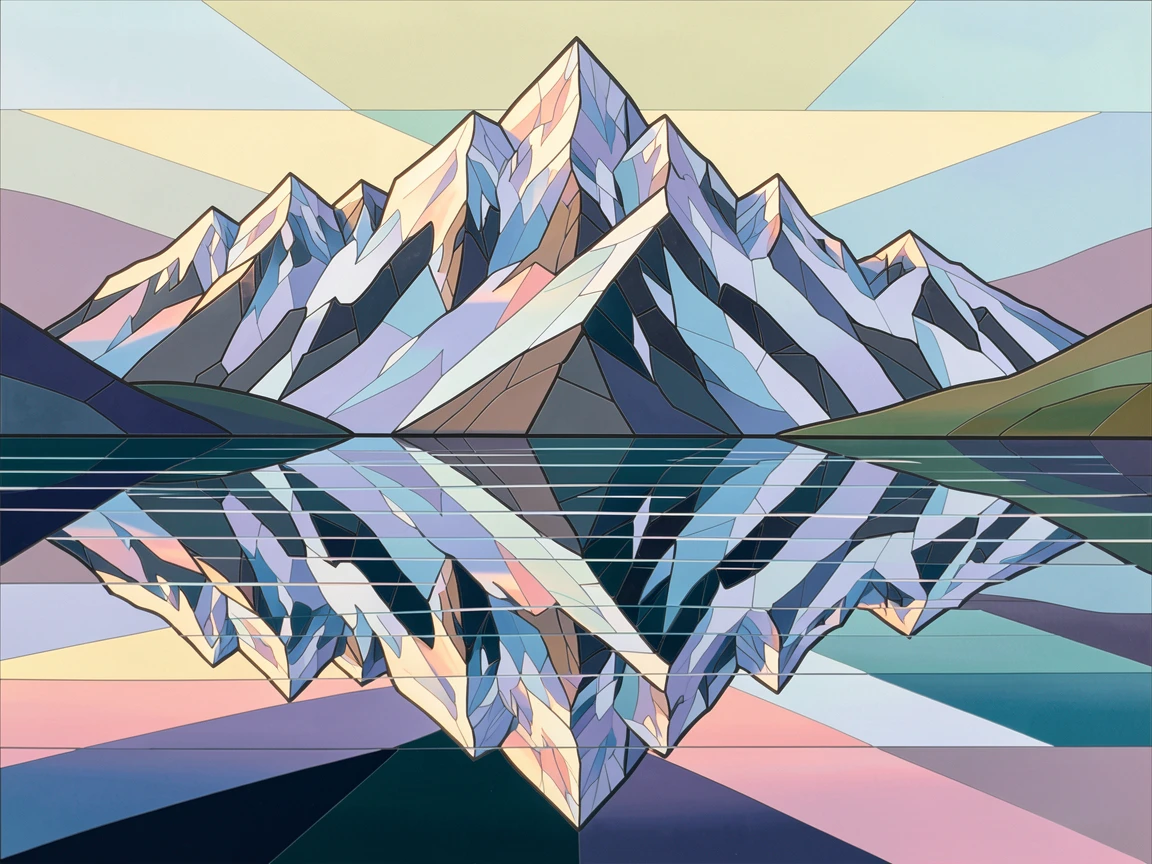 A snow-capped mountain range reflected in a perfectly still alpine lake at dawn.