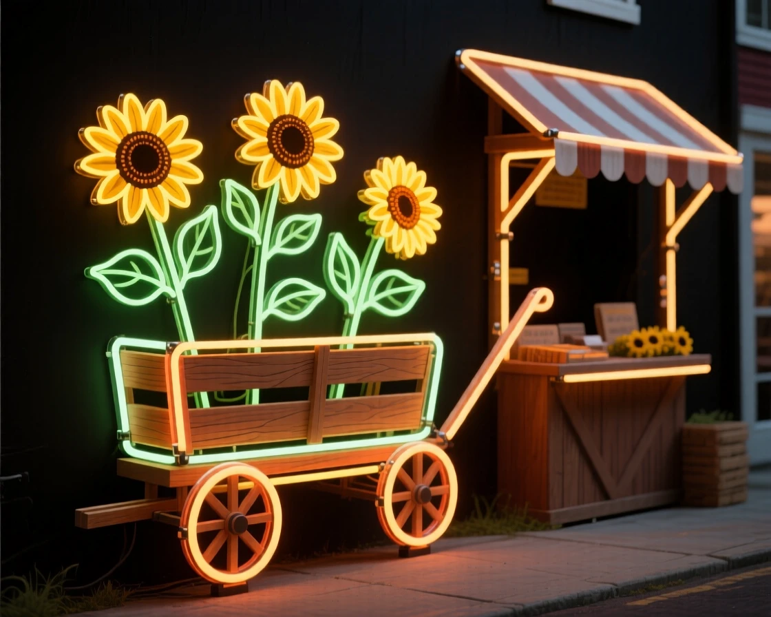 A wagon filled with freshly cut sunflowers parked outside a farm stand.