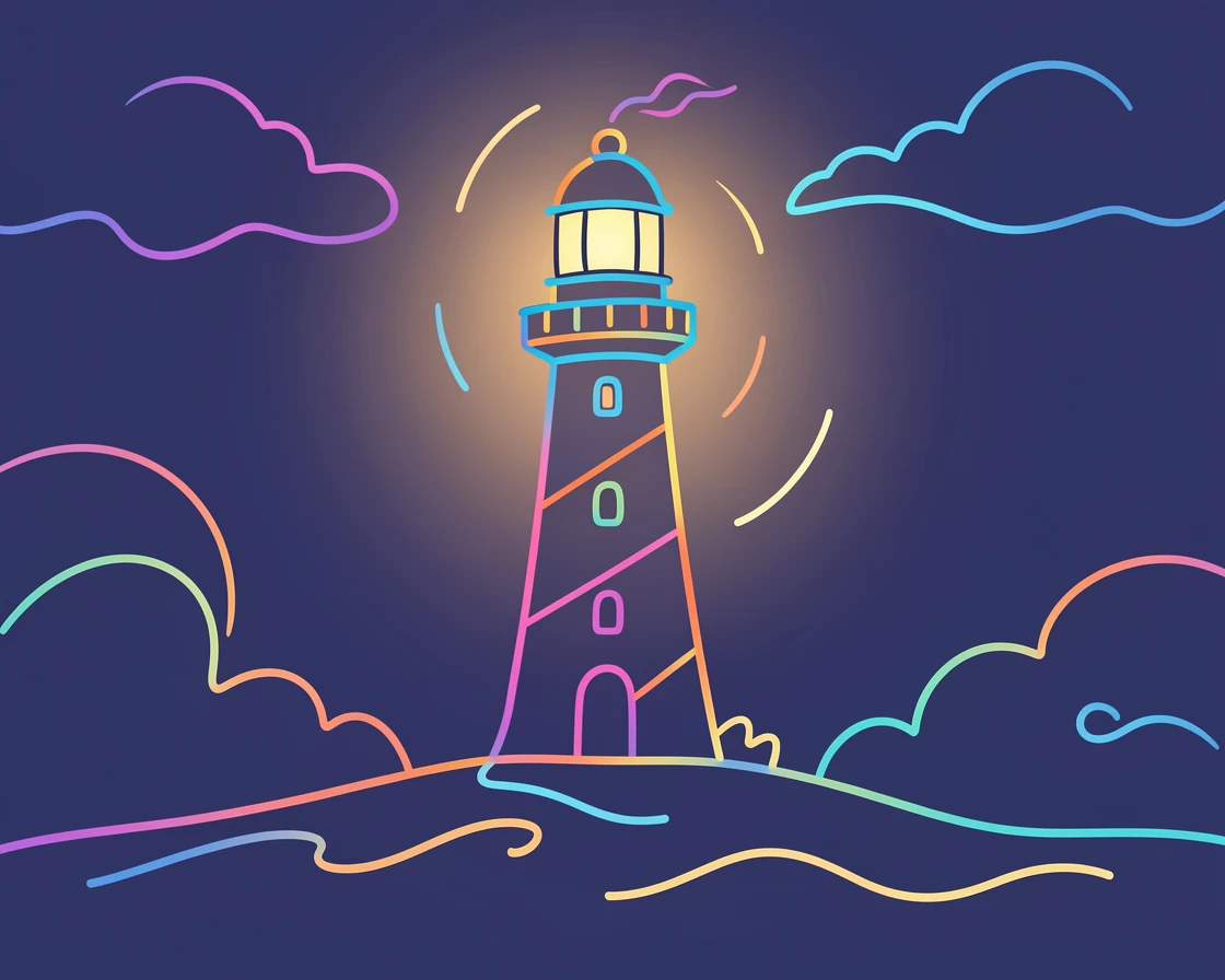 A single lighthouse glowing against a deep indigo twilight sky.