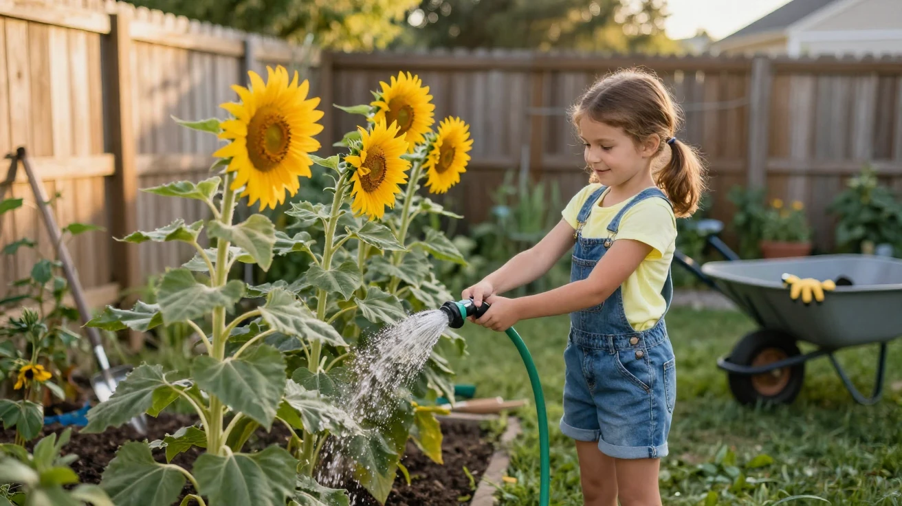 A girl in pigtails waters a row of sunflowers taller than herself in a backyard garden.