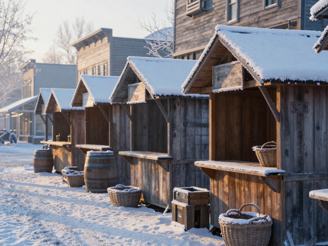 A row of market stalls blanketed in a fresh layer of snow as the town slowly wakes