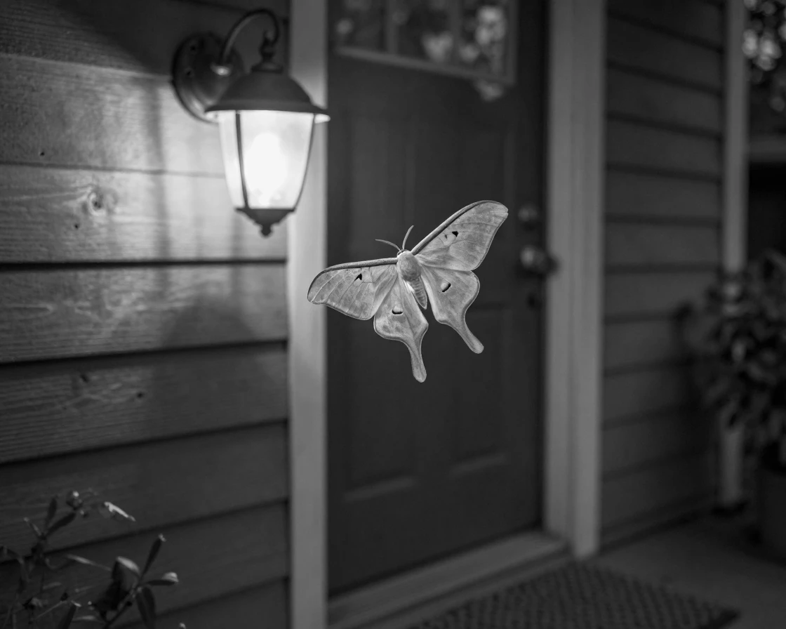 A luna moth flutters near a porch light at night on a warm summer evening.