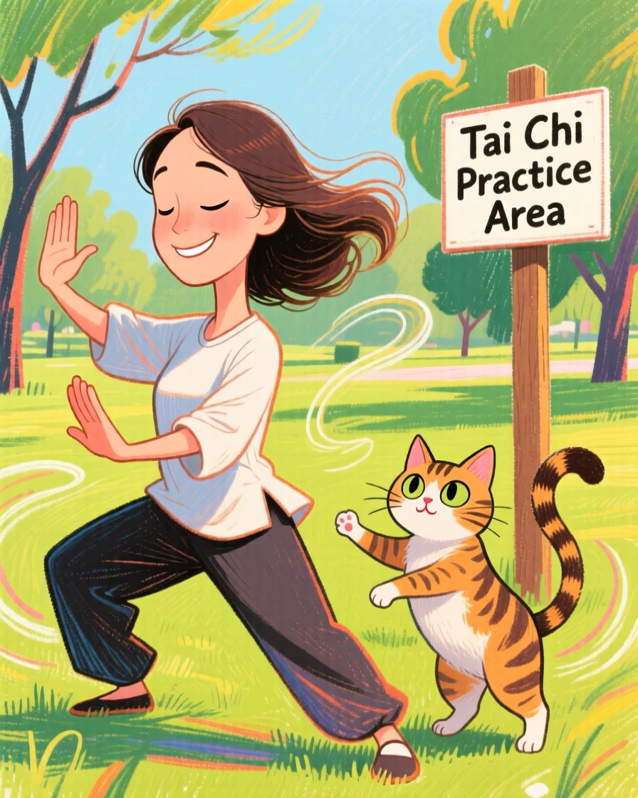 A woman practicing tai chi in the park with her cat mimicking her slow movements.
