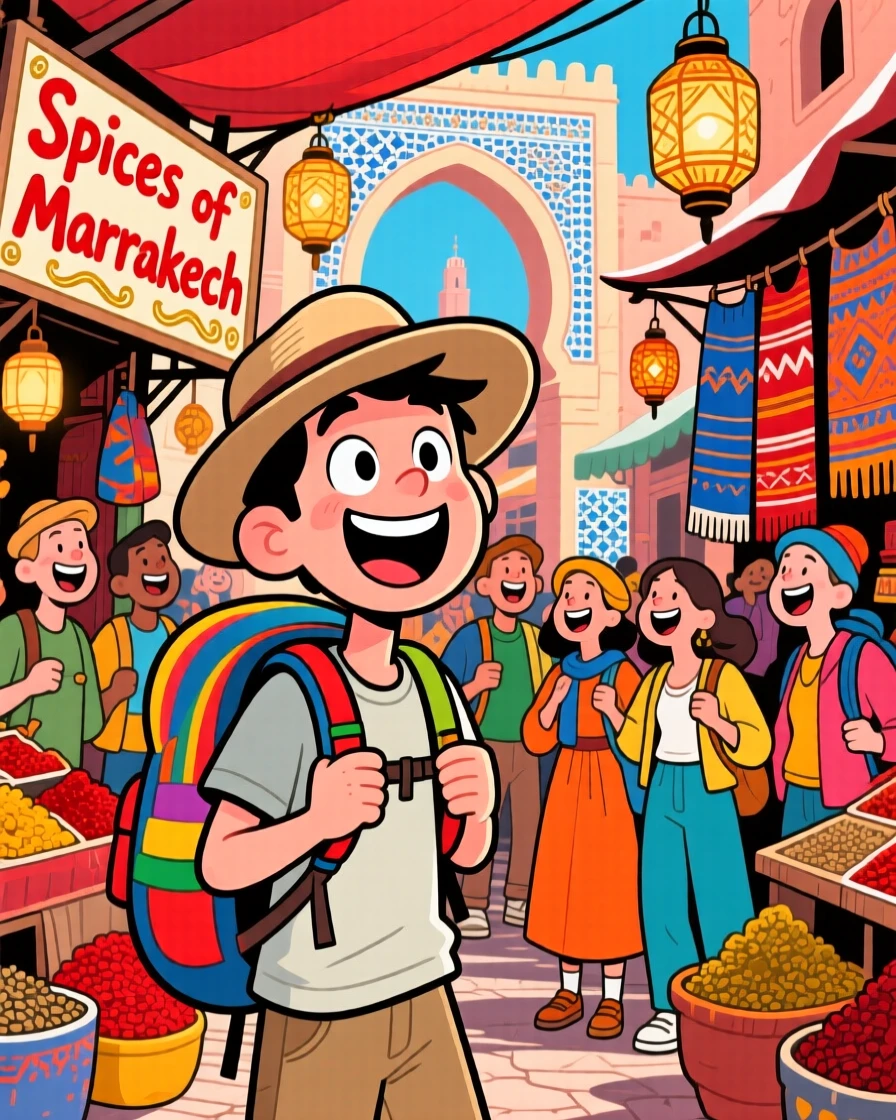 An iconic travel scene featuring a solo backpacker wandering through a bustling market in Marrakech, surrounded by cheerful fellow travelers.
