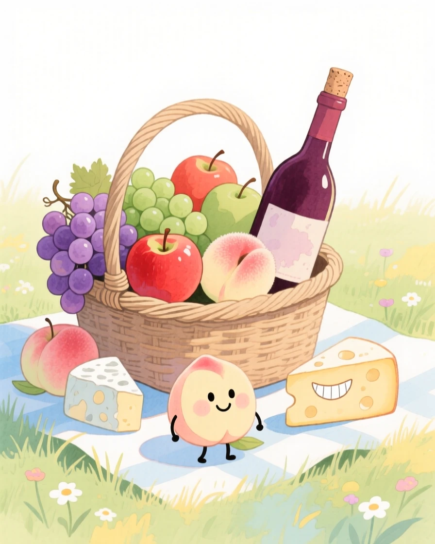 A cozy, appetizing, soft and dreamy scene of a picnic basket overflowing with fruit, cheese, and wine in a meadow