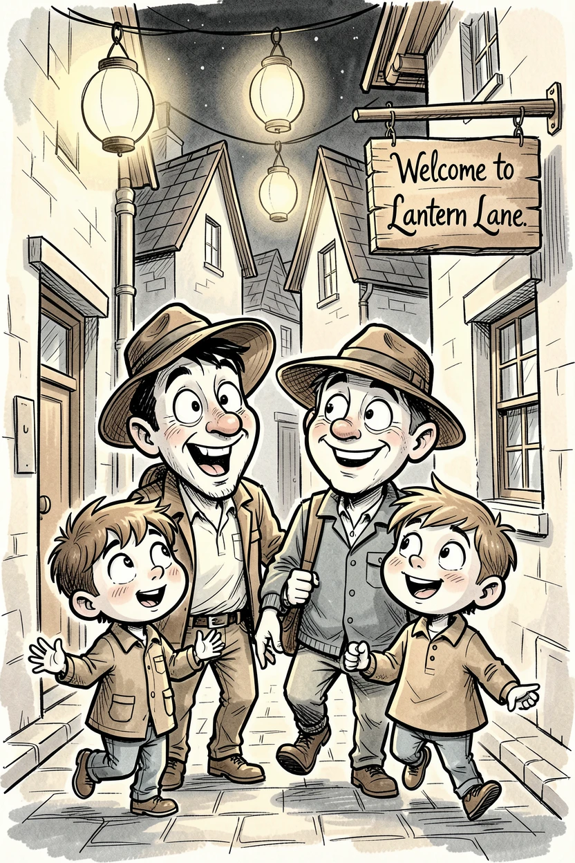 [Travel & Cultural Experiences] Vivid travel scene of a curious family of explorers wandering through a lantern-lit old town, full of wonder and adventure