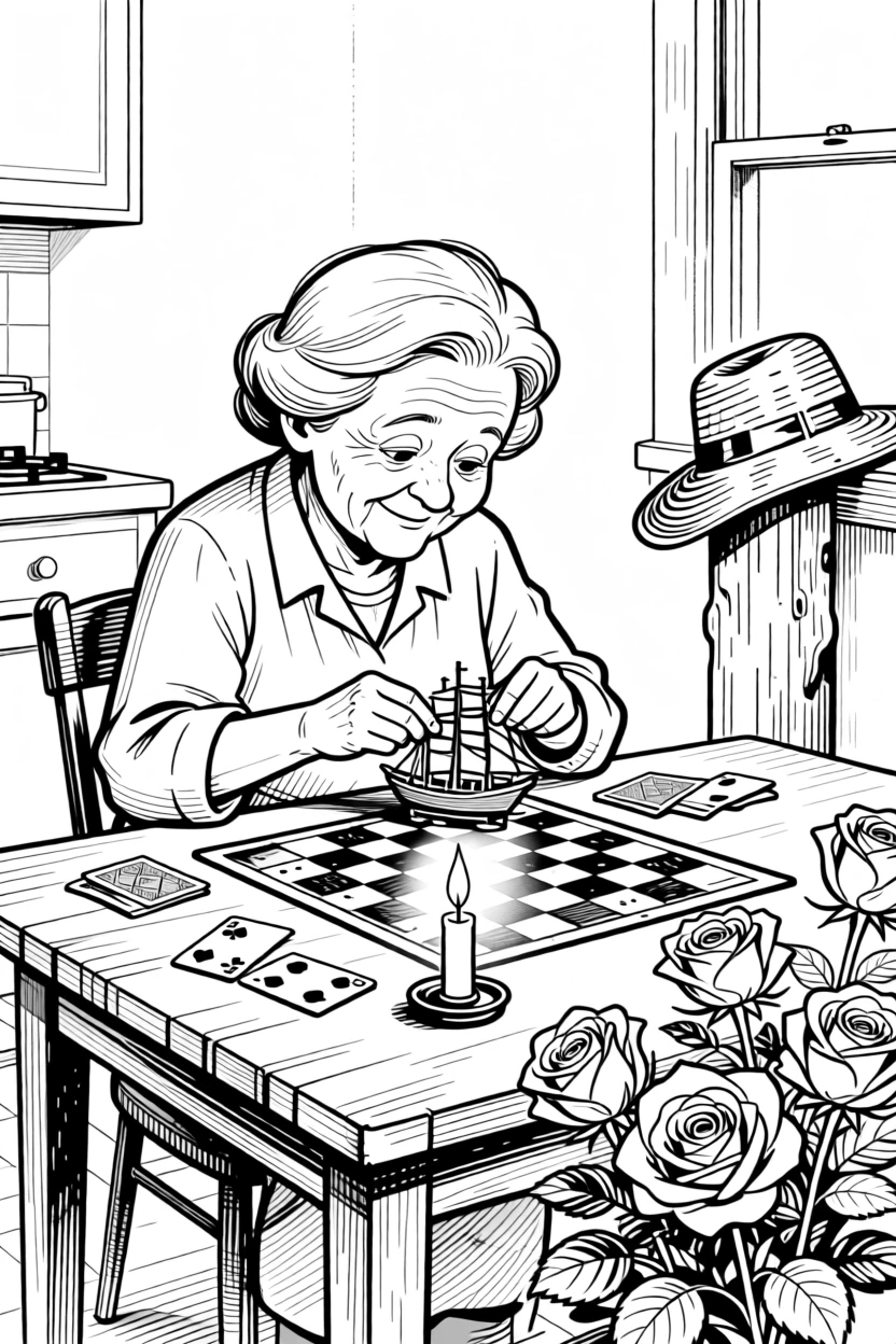 A grandmother showing off her prize-winning garden roses, gluing one final tiny mast into place, set at a kitchen table set for an evening game. A weathered hat rests on a nearby post. It feels like a living memory, cherished and ongoing.