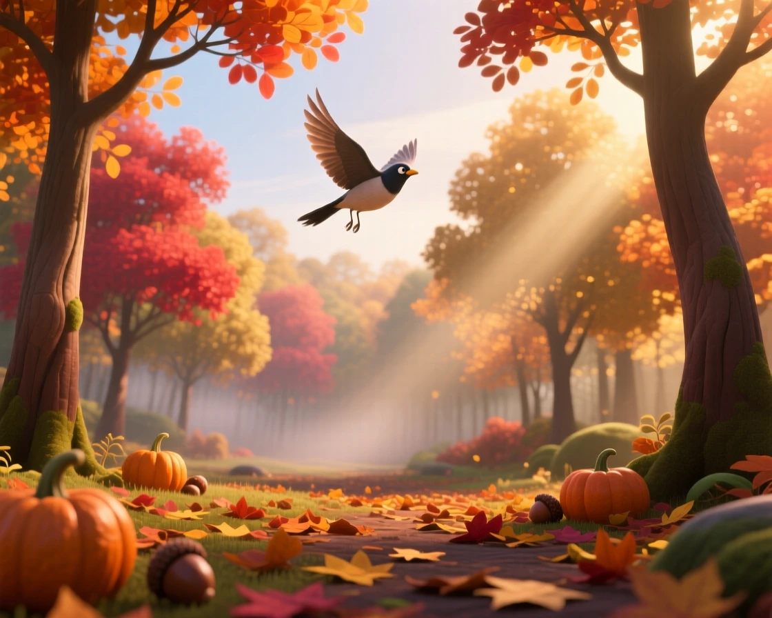 A autumn forest ablaze with color glows as the first light of dawn spills over the horizon, with a lone bird gliding silently overhead. A calming stillness settles over the landscape.