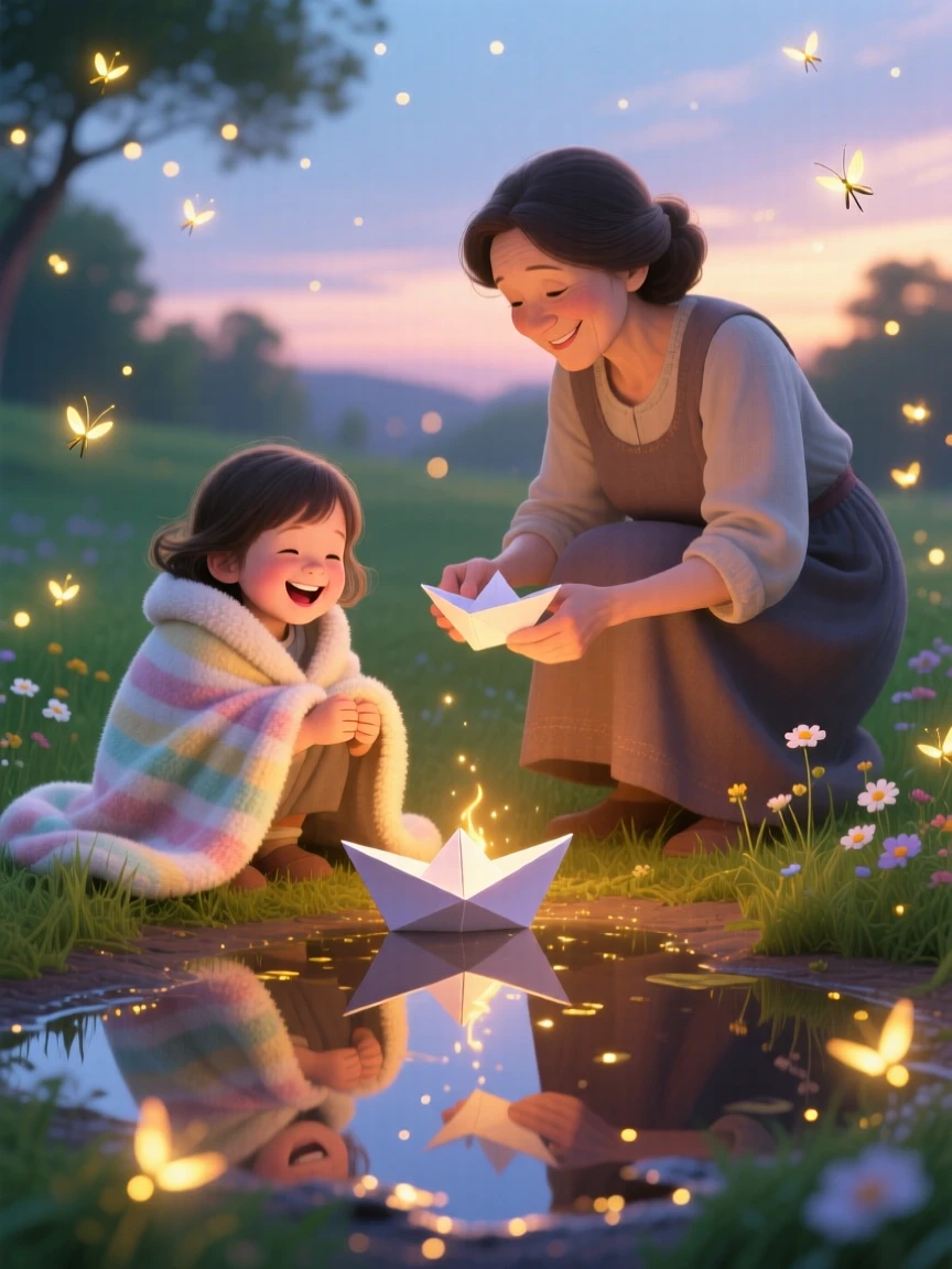 A child wrapped in a cozy blanket laughs while making paper boats to float in a puddle together with her favorite aunt, as fireflies begin to twinkle.