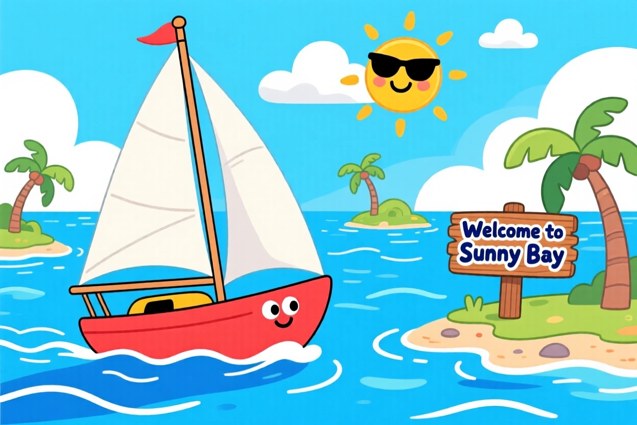 A sailboat gliding across a bay dotted with small islands.