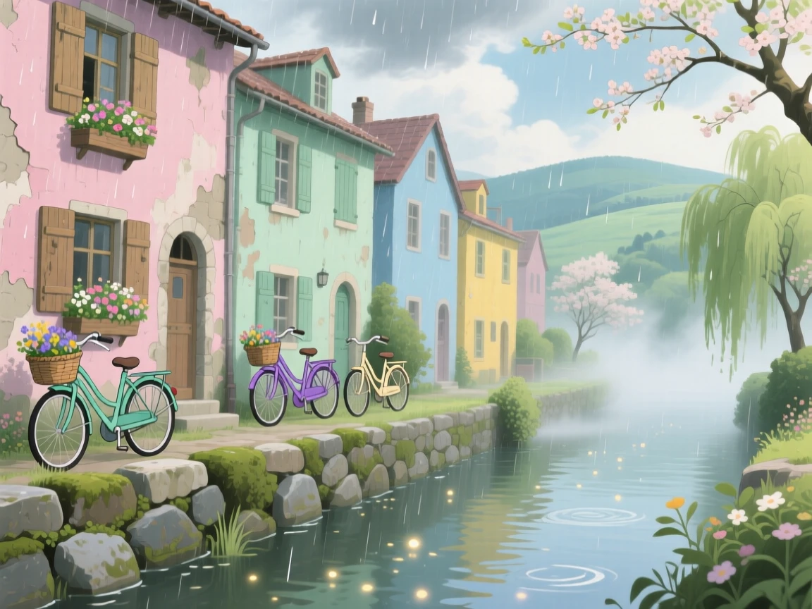 A row of pastel-colored houses along a canal, with bicycles leaning against a low stone wall, during a light spring shower.