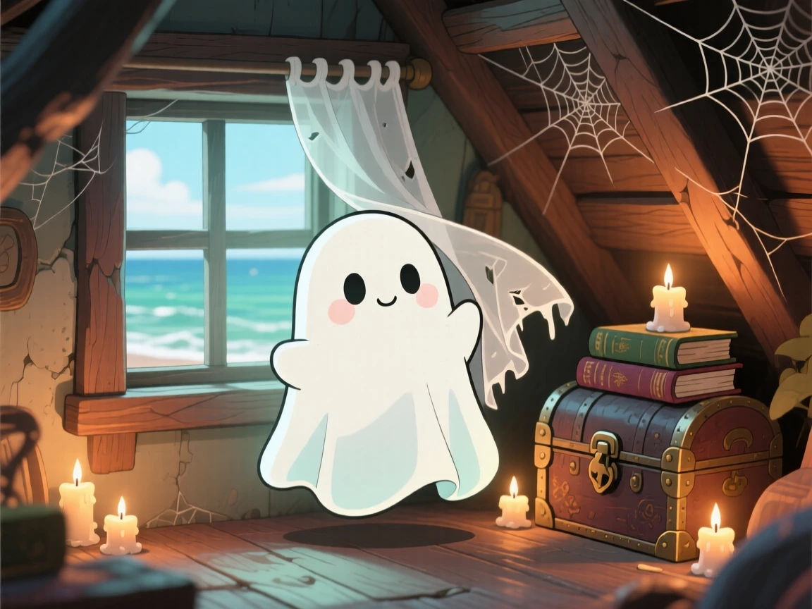 In a cozy haunted attic, a round friendly ghost is playing peekaboo behind a curtain on a breezy coastal afternoon, bathed in gentle candlelight, expression full of peaceful calm. Shot as a close-up portrait.