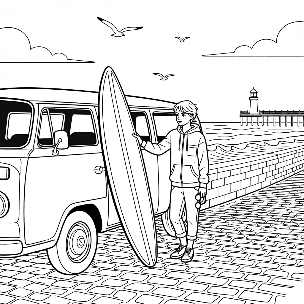 A surfboard leaning against a van parked on a California coastline, with cobblestone streets stretching into the distance.