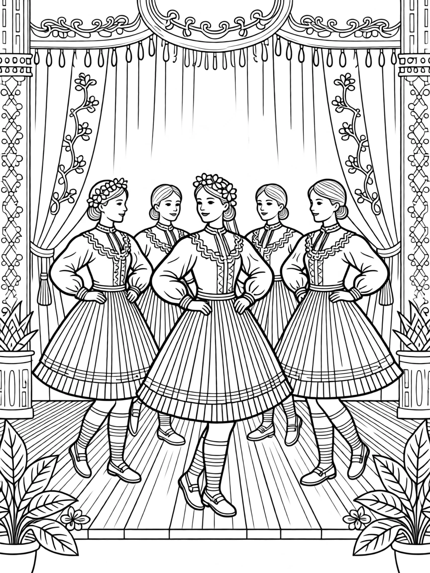 A traditional scene with dancers in white pleated folk costume.
