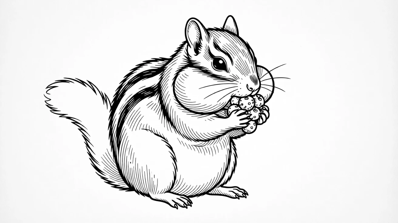 A chubby-cheeked chipmunk stuffing its cheeks with berries