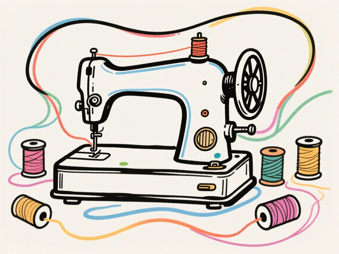 A vintage sewing machine surrounded by spools of colorful thread.