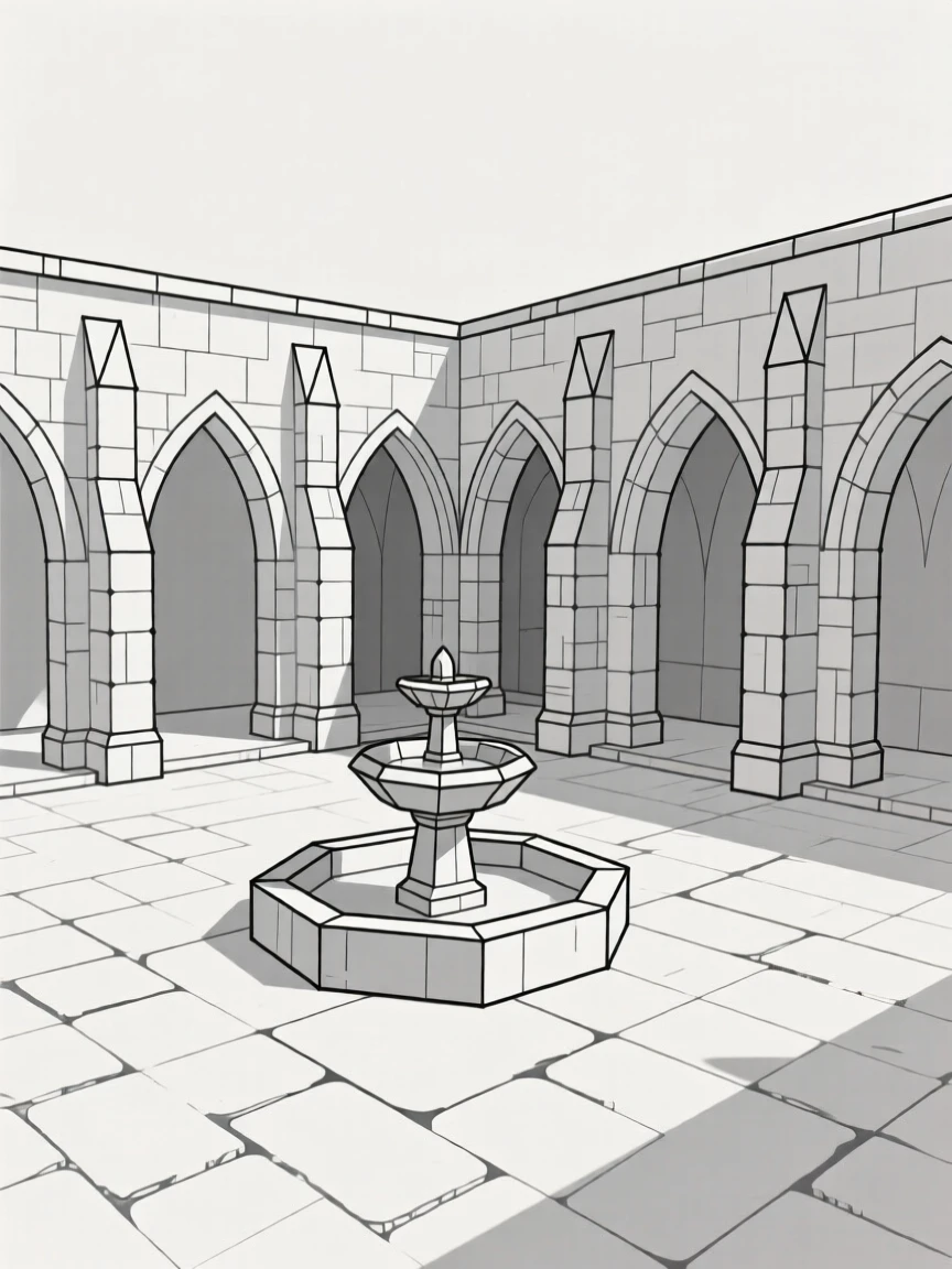 A Gothic monastery courtyard with stone archways
