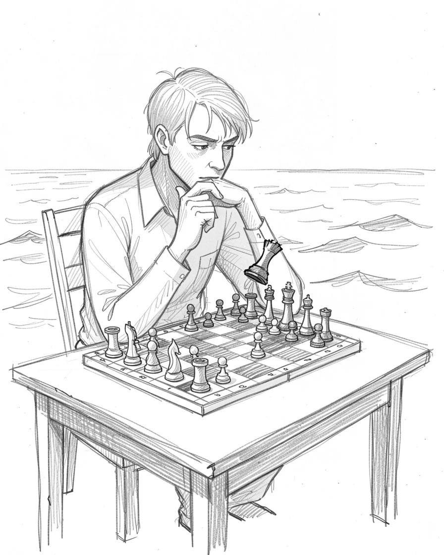 A chess player deep in thought over a match, on an open ocean horizon, with motion frozen in a dramatic instant.