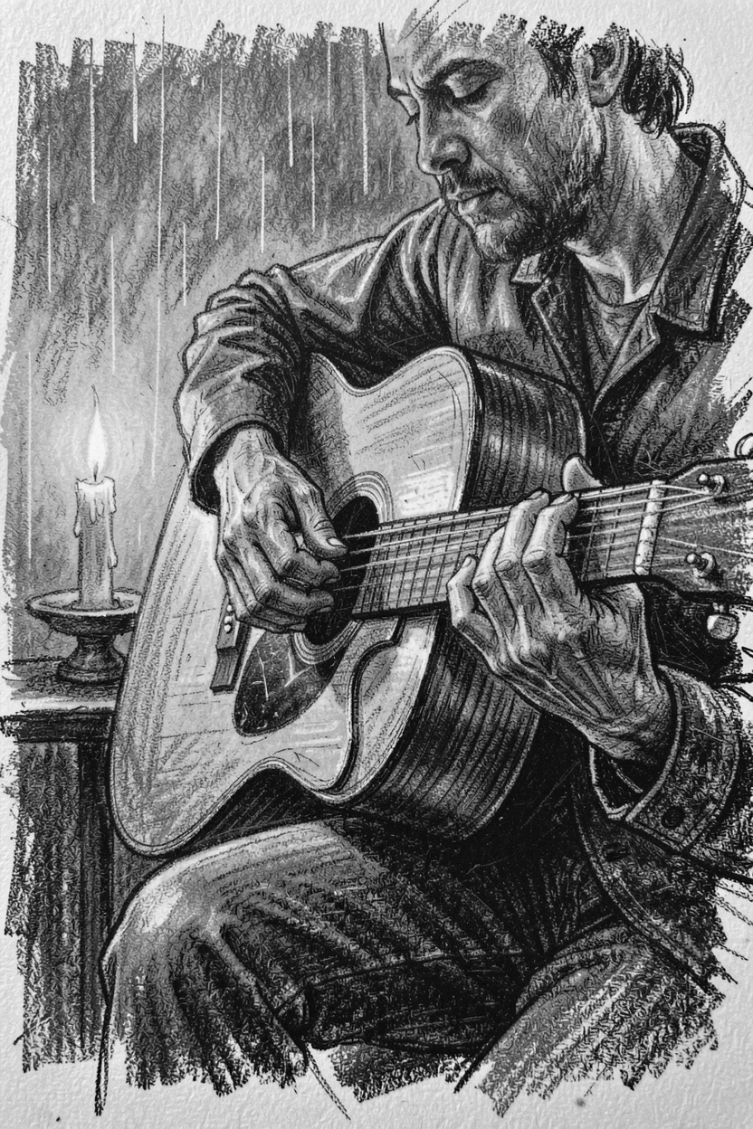 A musician's hands playing an acoustic guitar by candlelight, as gentle rain patters down around them.