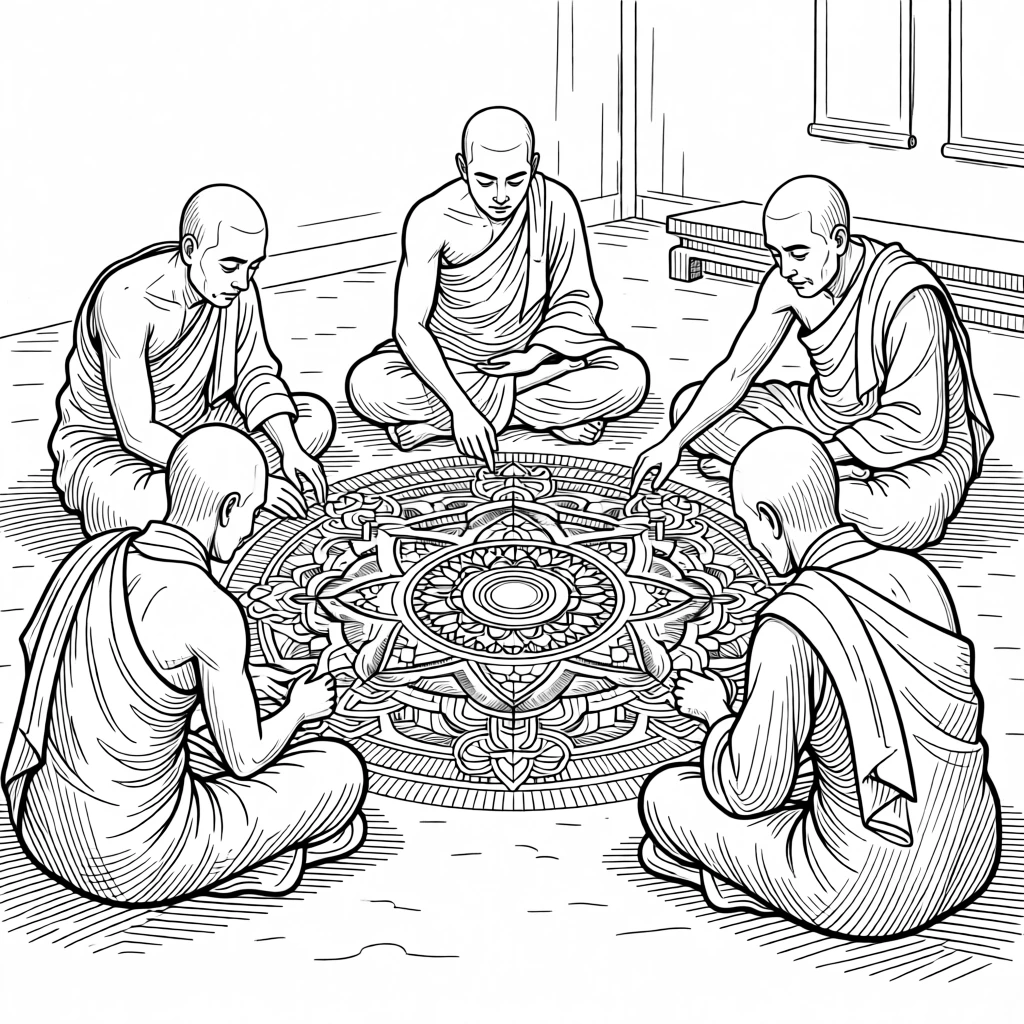 A group of monks creating an intricate sand mandala with colored grains.