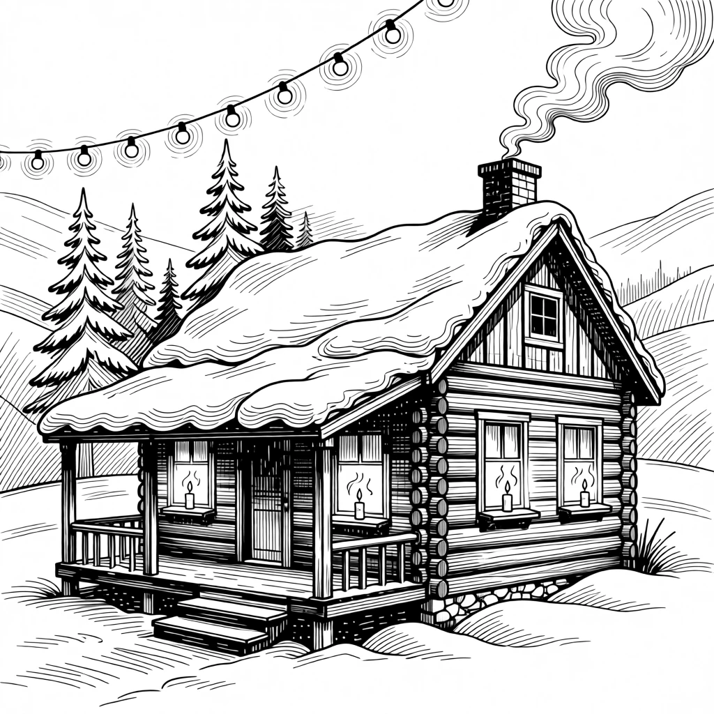 A snow-covered cabin with smoke rising from the chimney beneath strings of warm glowing lights, with candles flickering gently in the breeze, capturing a gently sentimental seasonal moment.