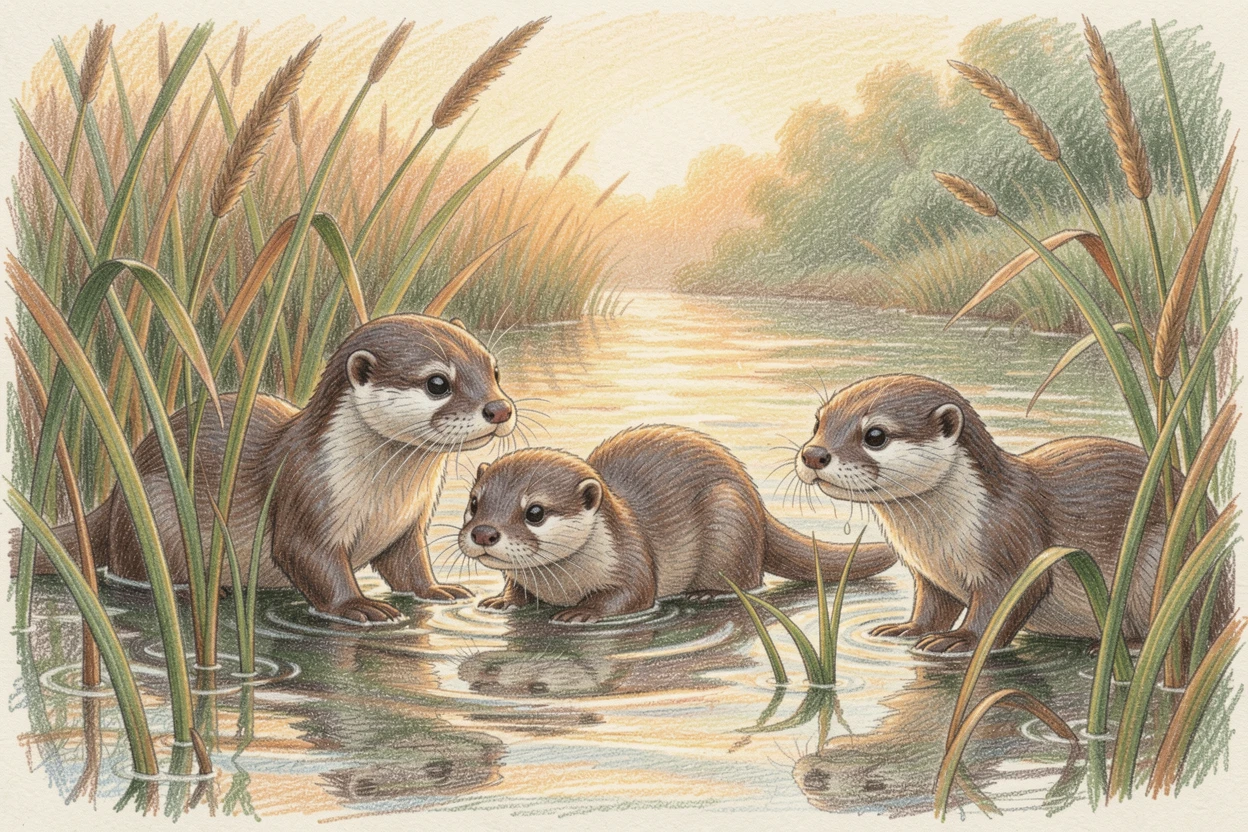A family of otters playing among river reeds at golden hour, captured in a quiet, intimate moment full of atmosphere, designed to feel inviting, memorable, and shareable.