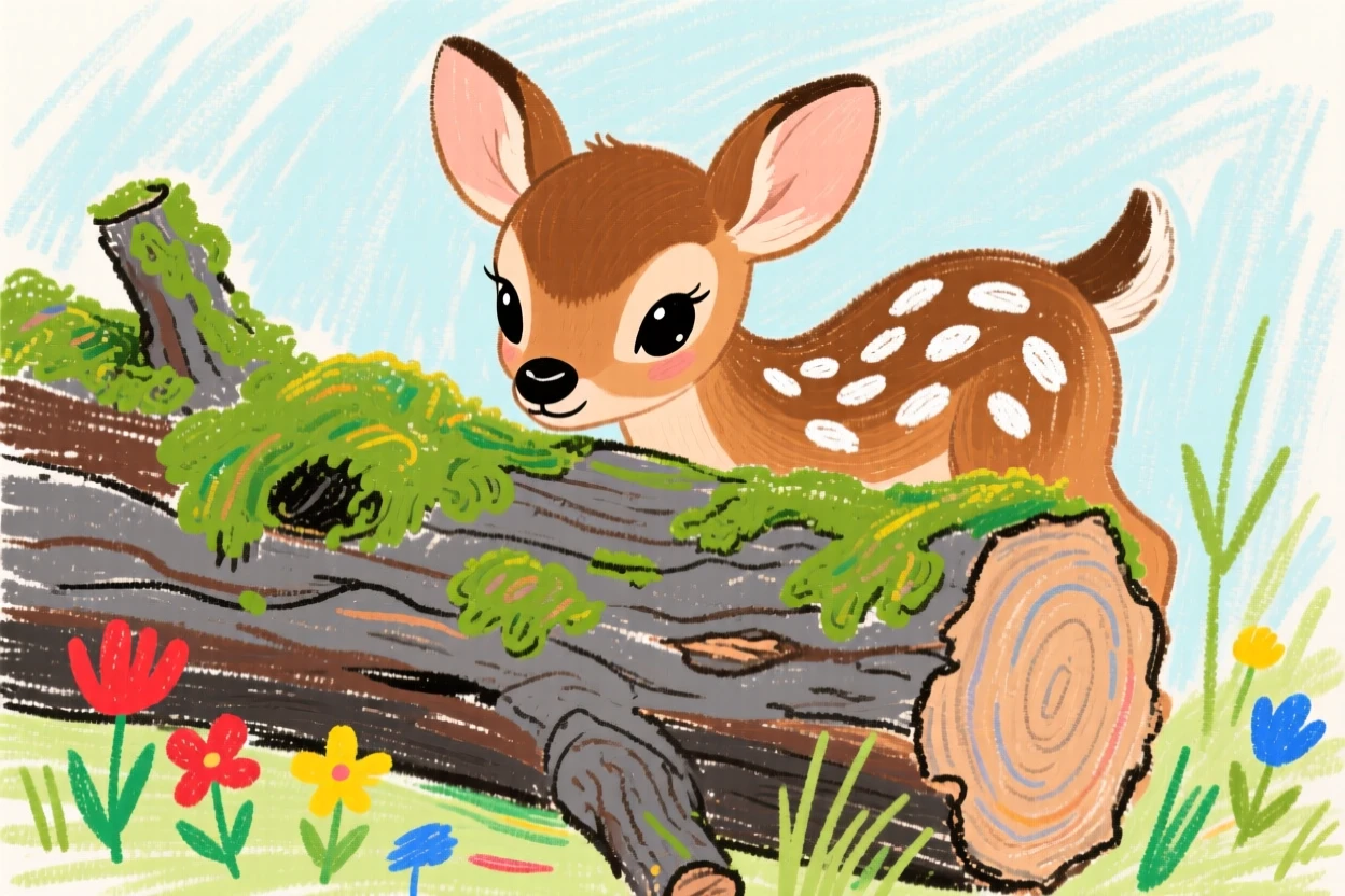 A spotted fawn peeking out from behind a moss covered log.