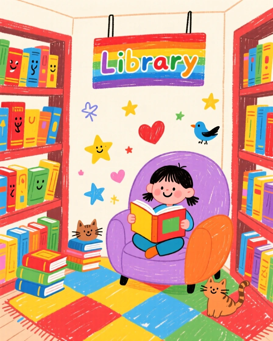 A small library with tall shelves and a reading nook.