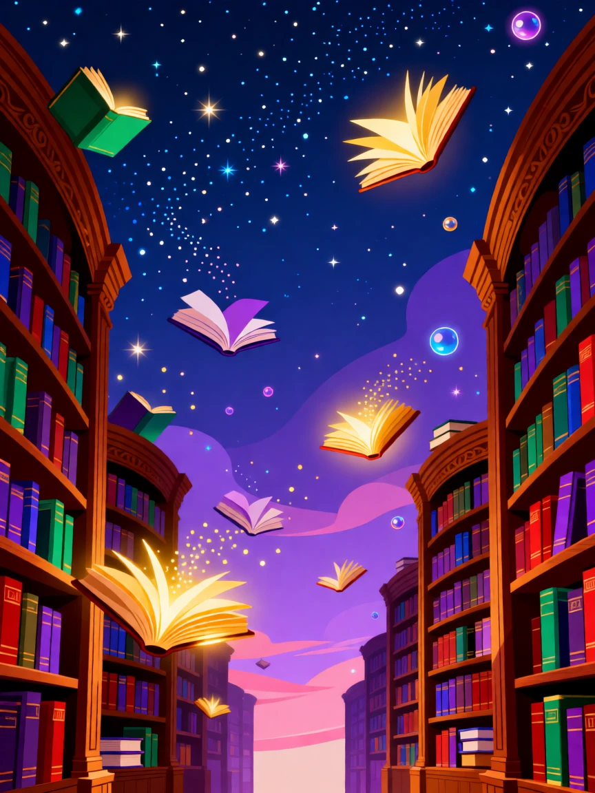 A magical library with floating books and glowing golden light, set against a starry night sky filled with soft color, framed with a whimsical, imaginative composition, with rich jewel tones that evoke wonder and imagination.