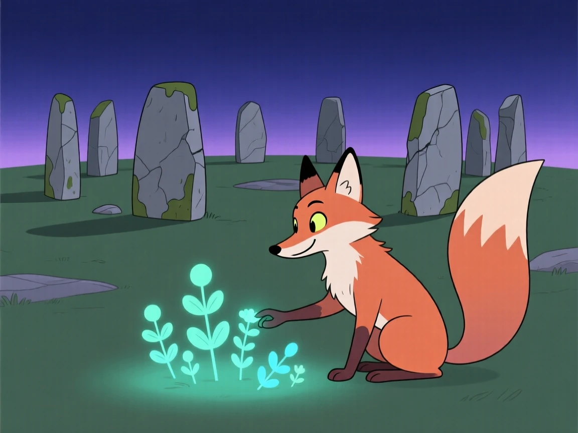 A talking fox spirit gathering glowing herbs near an ancient stone circle.