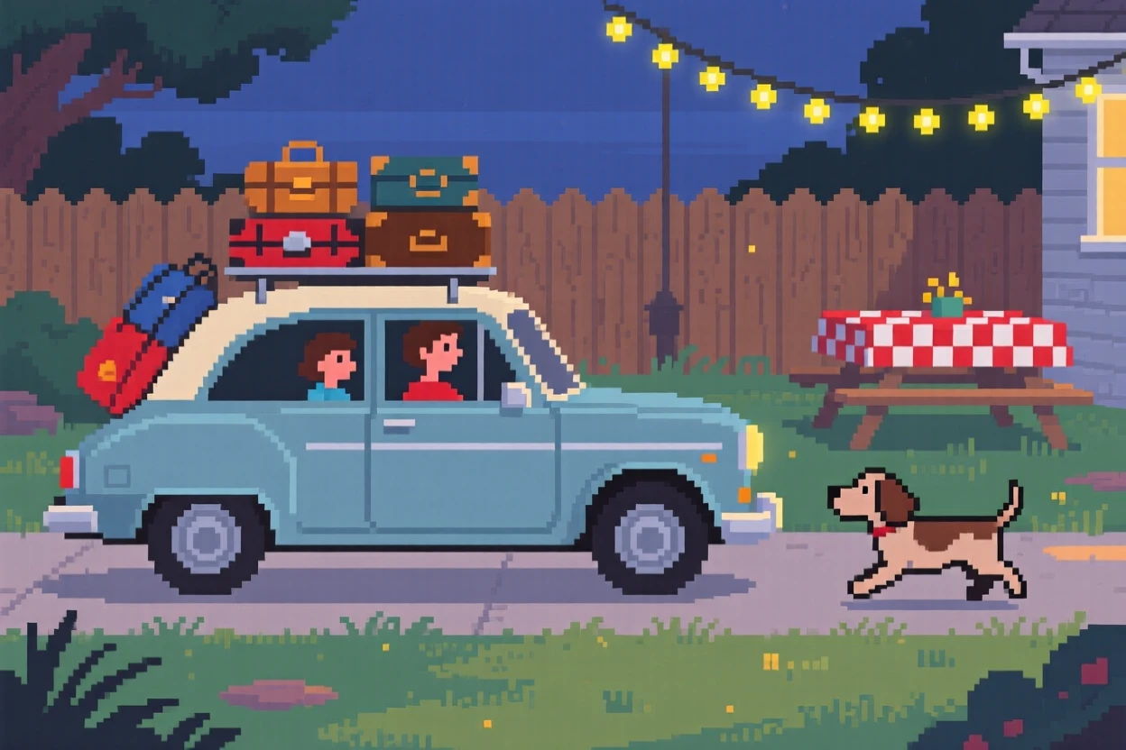 A family road trip car packed with luggage with an old dog trotting along beside them, in a backyard set up for a summer evening.