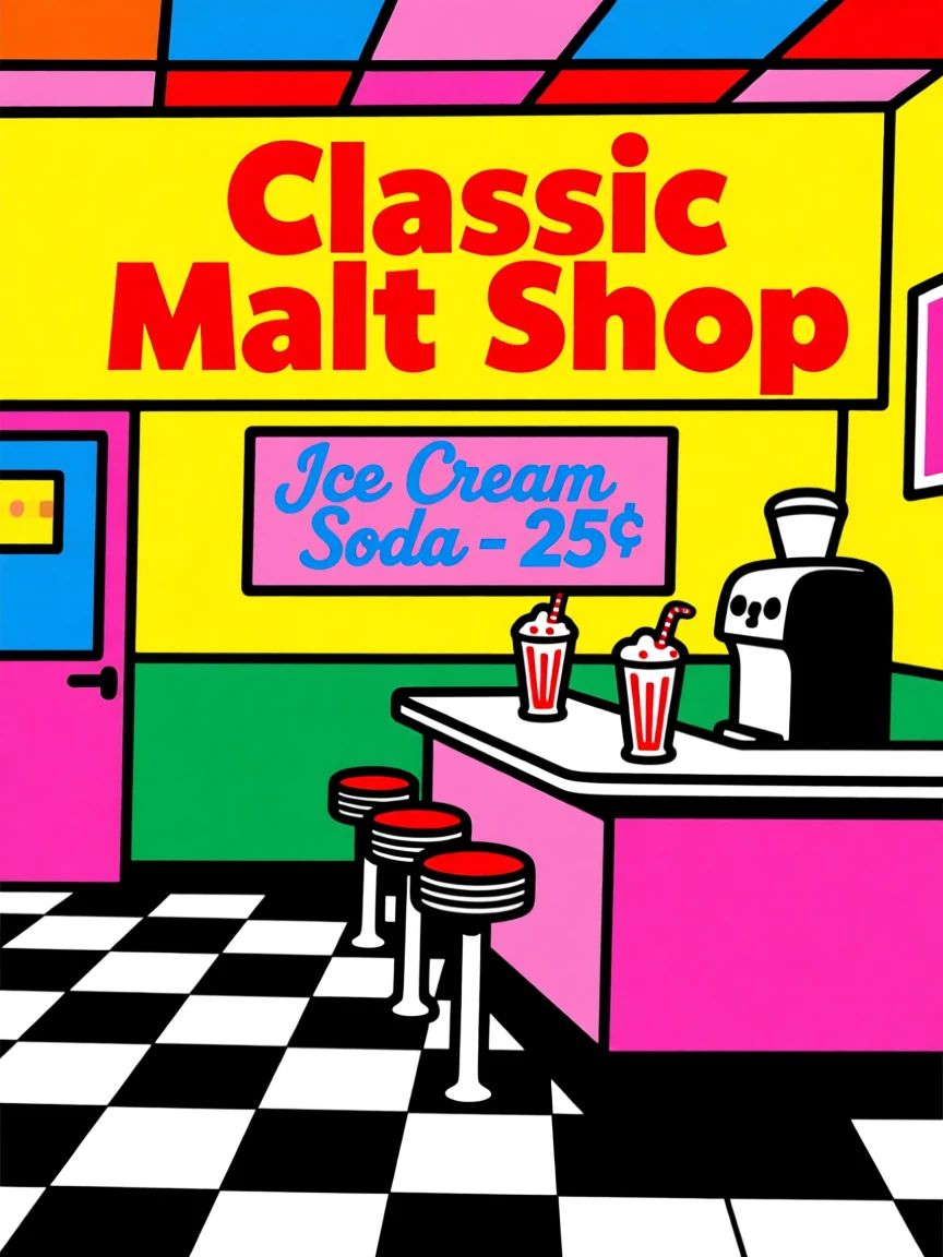 Classic malt shop counter with a checkered tile floor