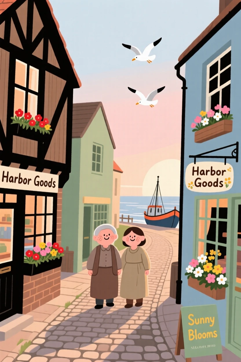 A cobblestone lane winds through a small coastal fishing village lined with timber-framed shops and window boxes full of flowers, quiet in the early morning light.