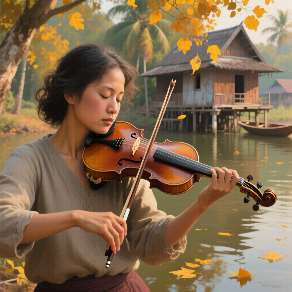 A detailed close shot of a violinist pausing mid-performance, eyes closed in concentration, as autumn leaves turn gold, in a Thai river village.