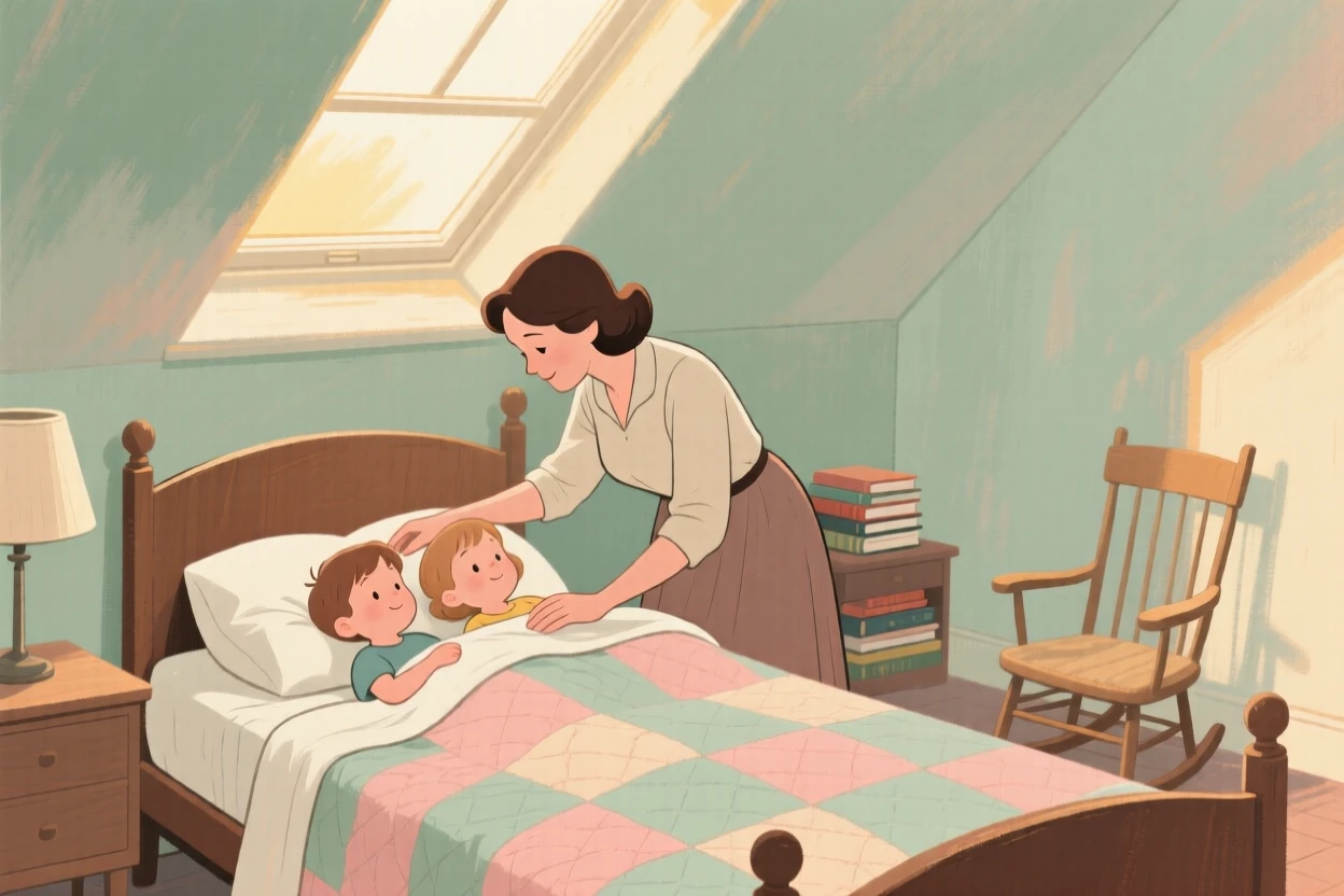 A mother tucking her children into bed in a cozy attic room
