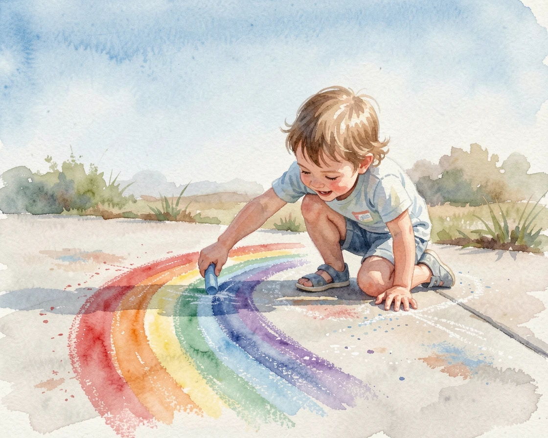 A child drawing a rainbow on a sidewalk with colorful chalk under a bright blue sky.