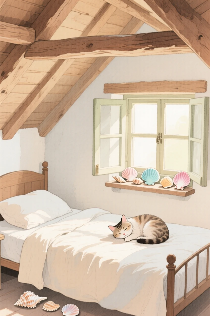 A charming view of a rustic attic bedroom, with a cat curled asleep nearby, featuring a collection of seashells on the windowsill