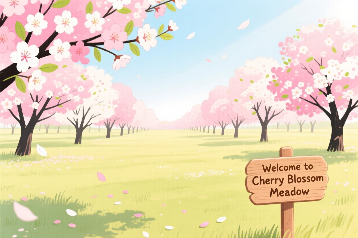 A field of blooming cherry blossoms, vivid and full of life.