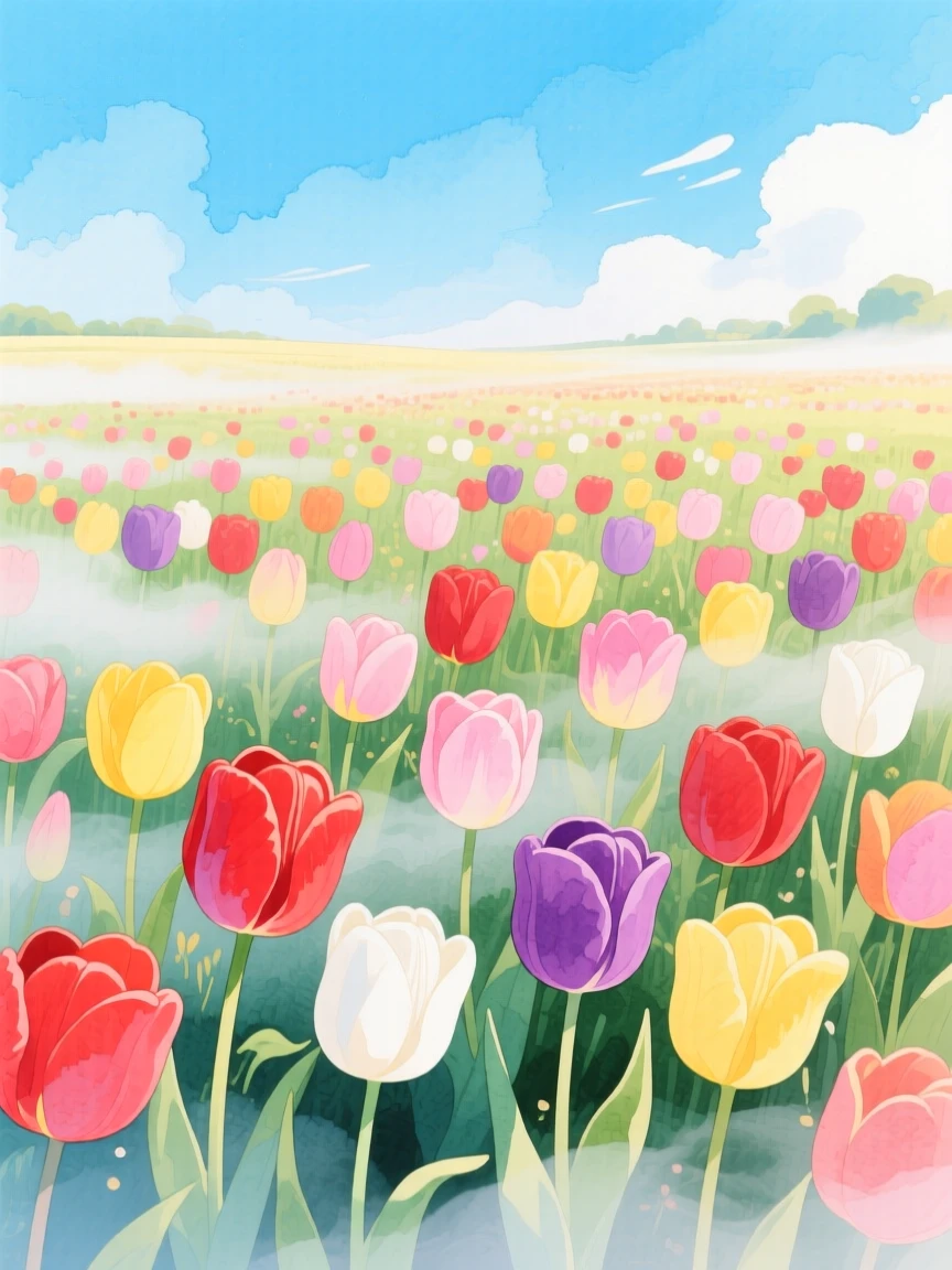 A field of tulips in every color under a bright blue sky, with gentle mist rolling low across the ground, inspiring a sense of calm and wonder.