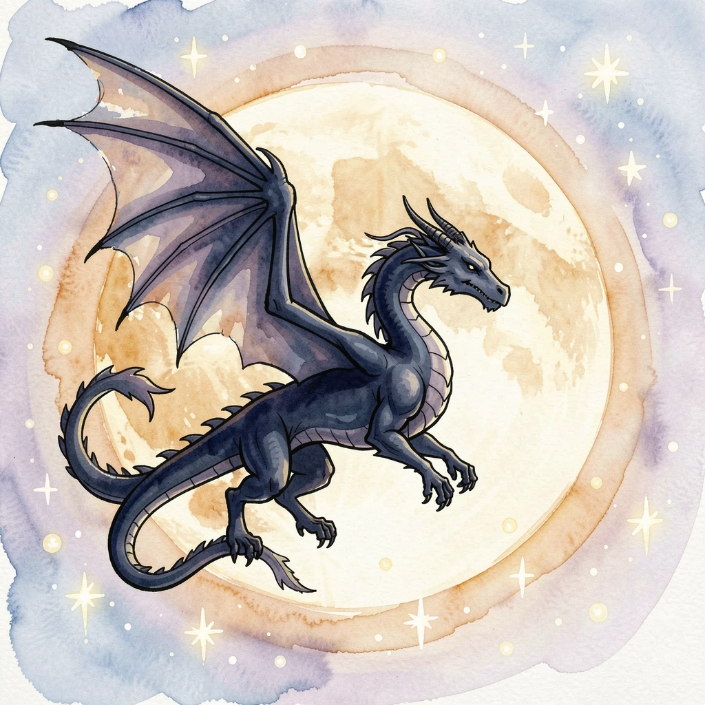 A dragon's silhouette crossing in front of a massive harvest moon, stars or glowing motes drifting gently through the air.